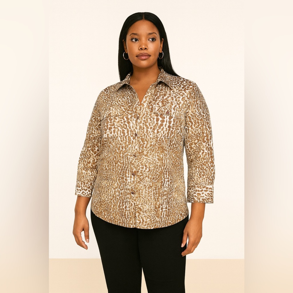 Foxcroft Womens 14 Wrinkle Free Fitted Fit Button Up Shirt Animal Print …